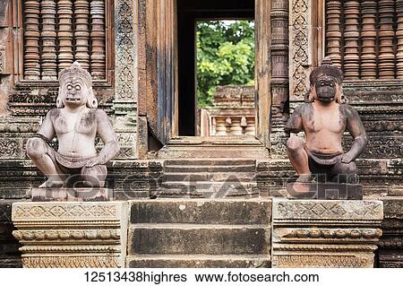 Stock Photograph - Sculptures of Hanuman, Banteay Srei; Angkor, Siem Reap, Cambodia. Fotosearch