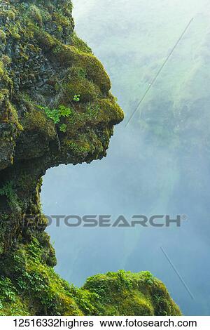 Stock Photograph - Shape of head in natural rocks covered in green moss beside Skogafoss waterfall; Iceland. Fotosearch