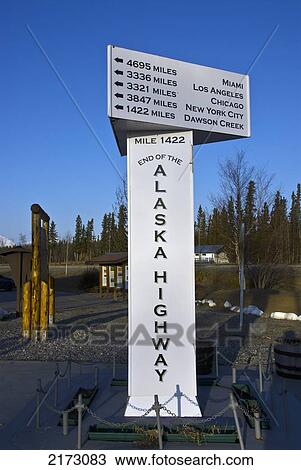 Stock Image - Sign Marking The End Of The Alaska Highway In Delta Junction, Alaska. Fotosearch