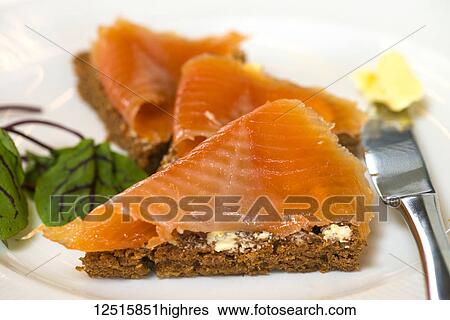 Stock Photograph - Slices of geothermal bread with smoked trout, Laugarvatn Fontana Cafe and Spa, Lake Laugarvatn; Iceland. Fotosearch
