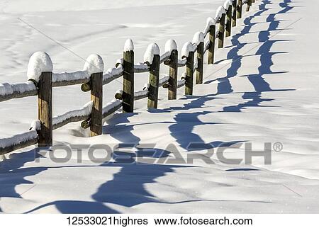 Stock Photograph - Snow-covered wooden fence with long shadows in a snow-covered rolling field; Alberta, Canada. Fotosearch