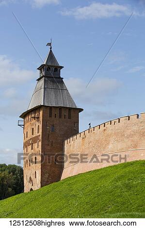 Stock Photograph - Spasskaya Tower, built in the 15th century, Kremlin Wall; Veliky Novgorod, Novgorod Oblast, Russia. Fotosearch
