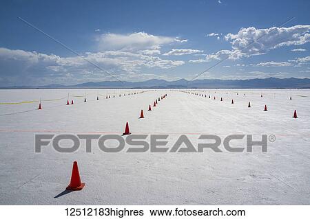 Stock Photograph - Staging lanes at starting line on Bonneville Salt Flats of Bonneville Speed Week 2017; Wendover, Utah, United States of America. Fotosearch