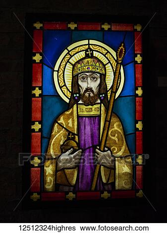Stock Photograph - Stained glass window of a religious figure in St. Stephen's Basilica; Budapest, Budapest, Hungary. Fotosearch