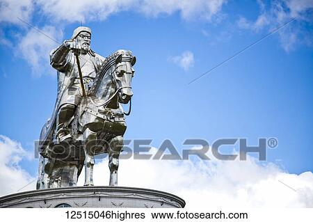 Stock Photograph - Statue of Chinggis (Genghis) Khan in the Mongolian countryside; Ulaanbaatar, Ulaanbaatar, Mongolia. Fotosearch