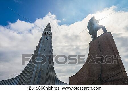 Stock Photograph - Statue of Leif Eriksson in front of the Hallgrimur church; Reykjavik, Iceland. Fotosearch