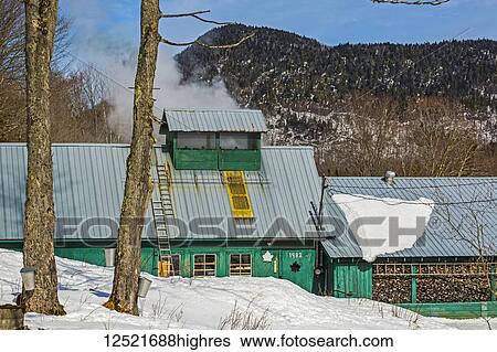 Stock Photograph - Steam billows from the top of a building in a rural area in winter; Potton, Quebec, Canada. Fotosearch
