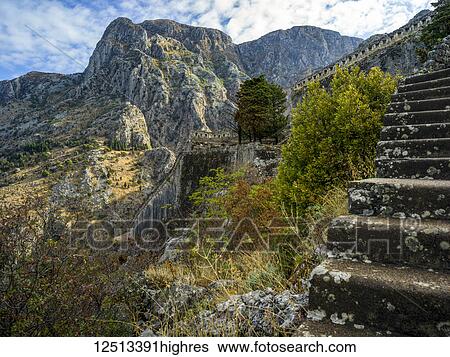 Stock Photograph - Steps leading up to Kotor Fortress; Kotor, Kotor Municipality, Monte. Fotosearch