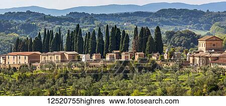 Stone buildings, church and cemetery on landscape of rolling hills covered with trees; Siena, Tuscany, Italyq View Large Photo Image Stock Photograph - Stone buildings, church and cemetery on landscape of rolling hills covered with trees; Siena, Tuscany, Italyq. Fotosearch
