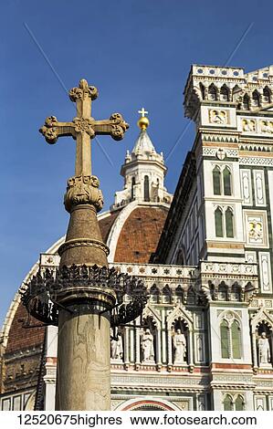 Stone cross with the decorative dome and facade of Florence Cathedral with blue sky; Florence, Tuscany, Italy View Large Photo Image Stock Photograph - Stone cross with the decorative dome and facade of Florence Cathedral with blue sky; Florence, Tuscany, Italy. Fotosearch