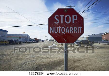 Stop sign at intersection on dirt road; Cambridge Bay, Victoria Island, Nunavut, Canada View Large Photo Image Picture - Stop sign at intersection on dirt road; Cambridge Bay, Victoria Island, Nunavut, Canada. Fotosearch