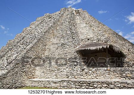 Stock Photograph - Stucco Relief Shelter, Castle of Kululcan, Mayapan Archaeological Site, Mayan Ruins; Yucatan, Mexico. Fotosearch