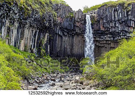 Stock Photograph - Svartifoss waterfall and basalt columns is a beautiful viewpoint and a popular tourist hiking destination in Southern Iceland; Iceland. Fotosearch
