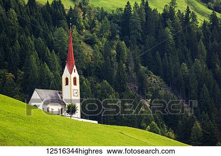 Stock Photograph - Tall church steeple on grassy alpine slope with treed slope in the background; Parggenhof, Bolzano, Italy. Fotosearch