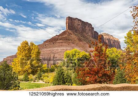 The rock formation 'the Palisade' with colourful autumn foliage in the foreground; Gateway, Colorado, United States of America View Large Photo Image Stock Photograph - The rock formation 'the Palisade' with colourful autumn foliage in the foreground; Gateway, Colorado, United States of America. Fotosearch