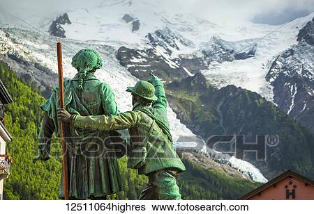 Stock Photograph - The statue of Saussure and Balmat; Chamonix-Mont Blanc, Rhone-Alpes, France. Fotosearch