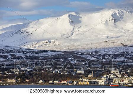 Stock Photograph - The town of Akureyri in Northern Iceland; Aklureyi, Iceland. Fotosearch