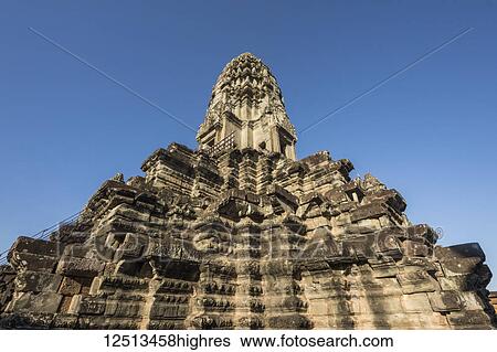 Stock Photograph - Towers of the central block of Angkor Wat, as seen from the second level; Siem Reap, Cambodia. Fotosearch