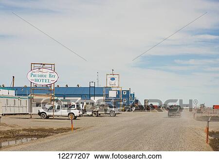 Trucks parked outside the Prudhoe Bay Hotel, Prudhoe Bay, Arctic Alaska, USA, Summer View Large Photo Image Stock Photo - Trucks parked outside the Prudhoe Bay Hotel, Prudhoe Bay, Arctic Alaska, USA, Summer. Fotosearch