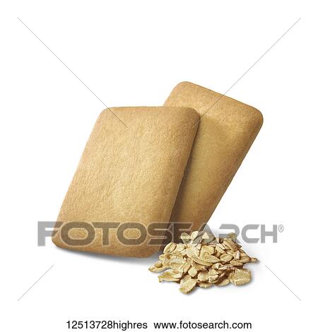 Stock Photograph - Two vanilla biscuits with a small pile of oatmeal on a white background. Fotosearch