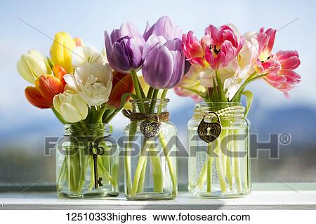 Stock Photograph - Various coloured tulips in glass vases with decorative pendants on the window sill with the city behind; Surrey, British Columbia, Canada. Fotosearch