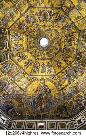 View from below into the dome and the gold mosaics of Christ and figures painted in the Florence Cathedral; Florence, Tuscany, Italy View Large Photo Image Stock Photograph - View from below into the dome and the gold mosaics of Christ and figures painted in the Florence Cathedral; Florence, Tuscany, Italy. Fotosearch