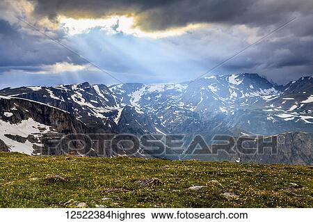 View from the Beartooth Highway of the Beartooth Mountains and the sun rays breaking through the clouds; Cody, Wyoming, United States of America View Large Photo Image Stock Photograph - View from the Beartooth Highway of the Beartooth Mountains and the sun rays breaking through the clouds; Cody, Wyoming, United States of America. Fotosearch