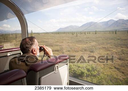 Stock Photo - View from the observation deck of the Alaska Railroad train riding along the rails on the way to Denali National Park.. Fotosearch