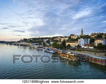 Stock Photograph - View of Belgrade from the Sava River; Belgrade, Vojvodina, Serbia. Fotosearch