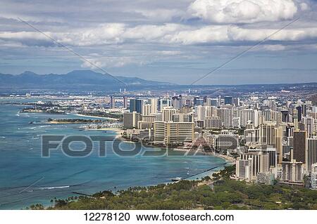Stock Image - View of downtown Honolulu Waikiki from Diamond Head; Honolulu, Oahua, Hawaii, United States of America. Fotosearch
