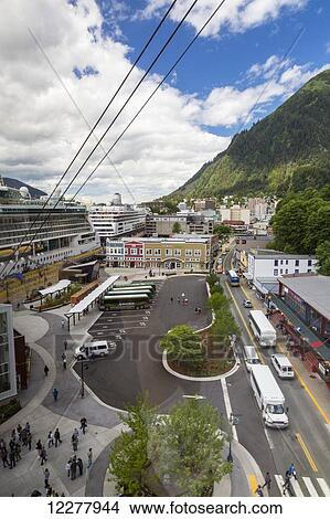 Picture - View of downtown Juneau from the tram going up Mt Roberts, Southeast Alaska, Summer.. Fotosearch