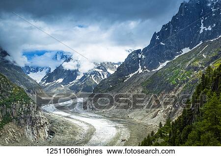 Stock Photograph - View of Mer de Glacier and Grandes Jorasses in summertime; Chamonix-Mont-Blanc, Rhone-Alpes, France. Fotosearch