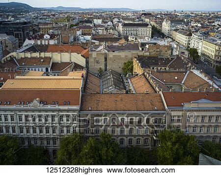 Stock Photograph - View of the cityscape of Budapest from St. Stephen's Basilica; Budapest, Budapest, Hungary. Fotosearch