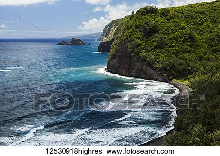 Stock Photograph - View of the Hamakua coastline from a trailhead lookout, Pololu Valley, North Kohala; Island of Hawaii, Hawaii, United States of America. Fotosearch