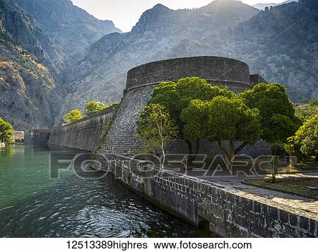 Stock Photograph - Walls in the old Mediterranean port of Kotor in the Bay of Kotor; Kotor, Kotor Municipality, Monte. Fotosearch
