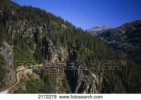 White Pass Railroad Crosses A Tressel And Around A Corner In Southeast Alaska Near Skagway. View Large Photo Image Stock Photo - White Pass Railroad Crosses A Tressel And Around A Corner In Southeast Alaska Near Skagway.. Fotosearch