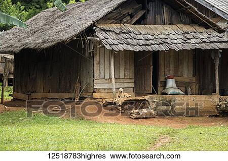 Stock Photograph - Wooden shed with thatch roof in Na Kam Peng, also called Bomb Village; Na Nam Peng, Xiangkhouang, Laos. Fotosearch