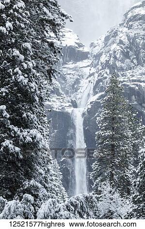 Stock Photograph - Yosemite Falls with snow in winter, Yosemite Valley, Yosemite National Park; California, United States of America. Fotosearch