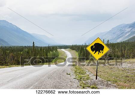 Stock Image - A Bison crossing sign along the Alaska Highway north of Muncho Lake, Muncho Lake Provincial Park, British Columbia, Canada, Summer. Fotosearch