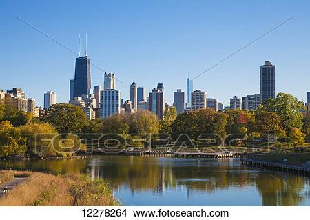 Picture - Chicago skyline from Lincoln Park Zoo; Chicago, Illinois, United States of America. Fotosearch