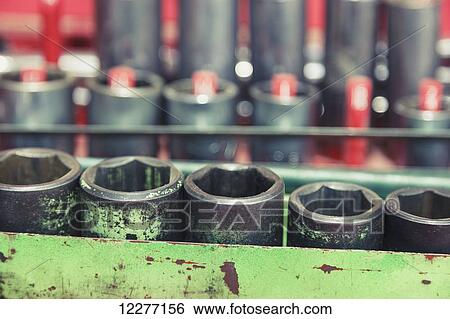 Stock Photograph - Close up of a socket set and tools at an electrical power plant, Prudhoe Bay, Arctic Alaska, USA, Summer. Fotosearch