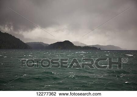 Stock Image - Fog and stormy weather over Alert Bay, Inside Passage, British Columbia, Canada. Fotosearch