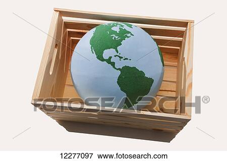 Stock Photo - Globe in shipping crate; Edmonton, Alberta, Canada. Fotosearch