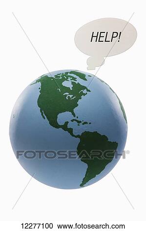 Stock Image - Globe with talking bubble that says help; Edmonton, Alberta, Canada. Fotosearch
