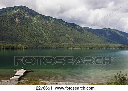 Stock Image - Mother and daughter on a dock at Muncho Lake Provincial Park, British Columbia, Canada, Summer. Fotosearch