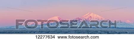 Panoramic view of the Wrangell Mountains above the Copper River Valley at sunset, Southcentral Alaska, Winter View Large Photo Image Picture - Panoramic view of the Wrangell Mountains above the Copper River Valley at sunset, Southcentral Alaska, Winter. Fotosearch