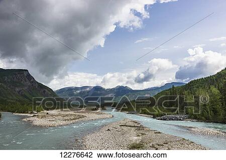 Stock Image - Scenic view of the Racing River along the Alaska Highway, British Columbia, Canada. Fotosearch