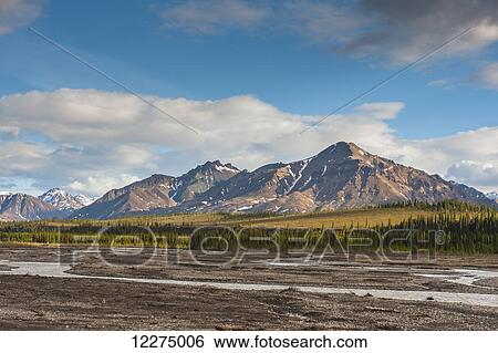 Scenic view of the Teklanika River Valley, Denali National Park, Interior Alaska, Spring View Large Photo Image Stock Photograph - Scenic view of the Teklanika River Valley, Denali National Park, Interior Alaska, Spring. Fotosearch