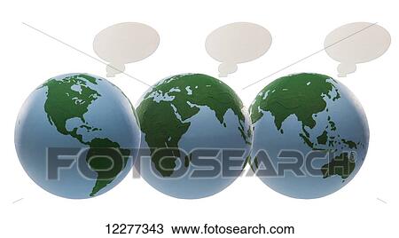 Stock Image - Three globes with text bubbles; Edmonton, Alberta, Canada. Fotosearch