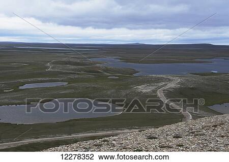 Stock Image - View of tundra from Mount Pelly, near Cambridge Bay; Nunavut, Canada. Fotosearch